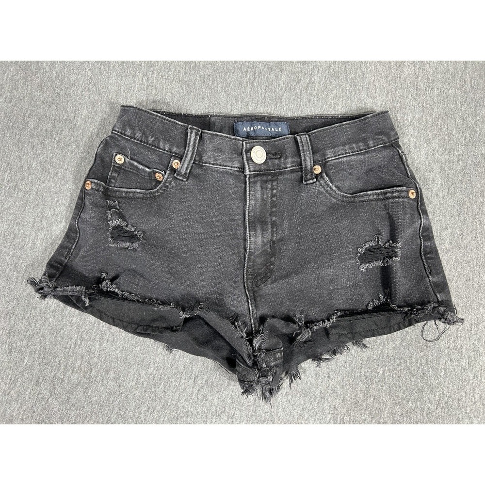 Aeropostale Vintage High Rise Shorty Denim Shorts Womens 00 Black Distressed